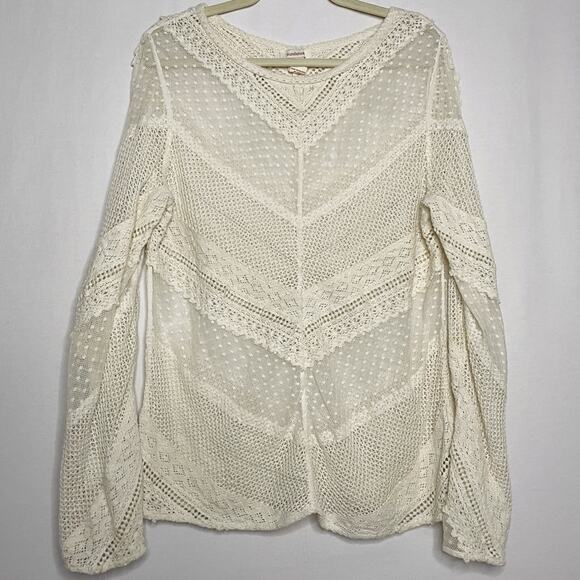 Sundance Cream Lace for Days Crochet Semi-Sheer Long Sleeve Knit Top Sz M - Picture 1 of 11